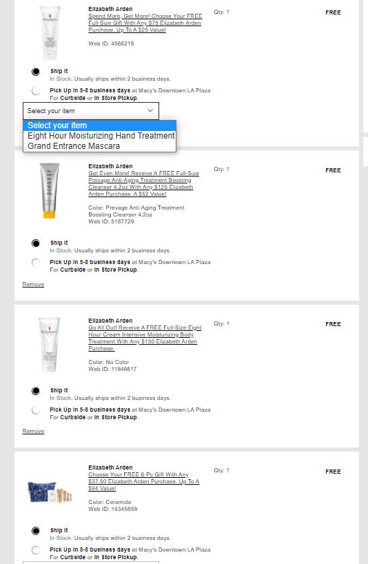 Macys梅西百货购Elizabeth Arden雅顿满送6件套及三件正装好礼